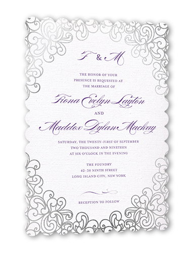 Dazzling Lace Wedding Invitation, Silver Foil, Purple, 5x7, Pearl Shimmer Cardstock, Scallop