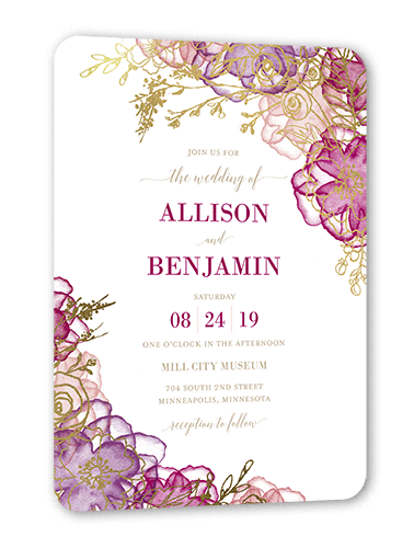Floral Fringe Wedding Invitation, Gold Foil, Pink, 5x7 Flat, Pearl Shimmer Cardstock, Rounded
