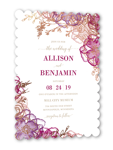 Floral Fringe Wedding Invitation, Rose Gold Foil, Pink, 5x7, Pearl Shimmer Cardstock, Scallop
