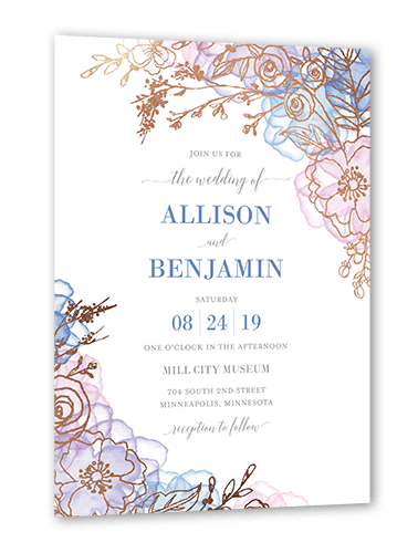 Floral Fringe Wedding Invitation, Blue, Rose Gold Foil, 5x7 Flat, Pearl Shimmer Cardstock, Square