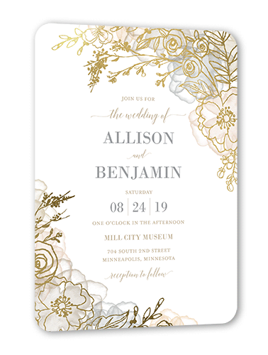Floral Fringe Wedding Invitation, Beige, Gold Foil, 5x7 Flat, Pearl Shimmer Cardstock, Rounded