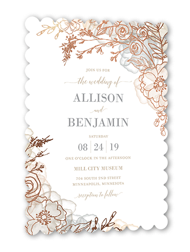 Floral Fringe Wedding Invitation, Rose Gold Foil, Beige, 5x7, Pearl Shimmer Cardstock, Scallop