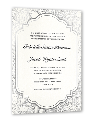 Ornate Petals Wedding Invitation, Silver Foil, White, 5x7 Flat, Luxe Double-Thick Cardstock, Square