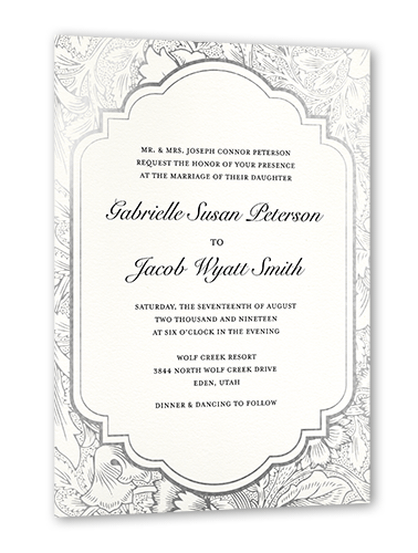 Ornate Petals Wedding Invitation, White, Silver Foil, 5x7 Flat, Luxe Double-Thick Cardstock, Square