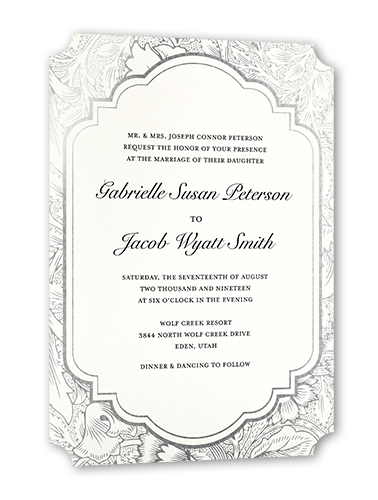 Ornate Petals Wedding Invitation, Silver Foil, White, 5x7 Flat, Pearl Shimmer Cardstock, Ticket