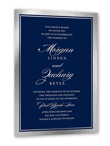 Remarkable Frame Classic Wedding Invitation, Silver Foil, Blue, 5x7 Flat, Matte, Signature Smooth Cardstock, Square