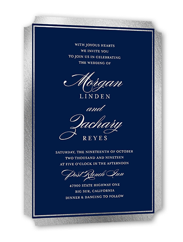 Remarkable Frame Classic Wedding Invitation, Silver Foil, Blue, 5x7, Pearl Shimmer Cardstock, Ticket