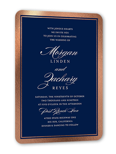 Remarkable Frame Classic Wedding Invitation, Rose Gold Foil, Blue, 5x7 Flat, Pearl Shimmer Cardstock, Rounded