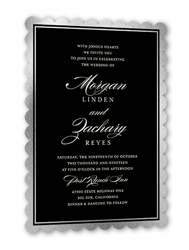 Remarkable Frame Classic Wedding Invitation, Silver Foil, Black, 5x7, Pearl Shimmer Cardstock, Scallop