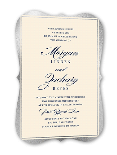 Remarkable Frame Classic Wedding Invitation, White, Silver Foil, 5x7, Pearl Shimmer Cardstock, Bracket