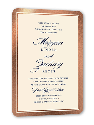 Remarkable Frame Classic Wedding Invitation, Rose Gold Foil, White, 5x7 Flat, Pearl Shimmer Cardstock, Rounded
