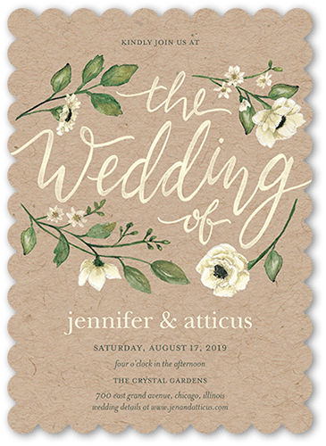 Delightful Blooms Wedding Invitation, Brown, 5x7 Flat, Pearl Shimmer Cardstock, Scallop