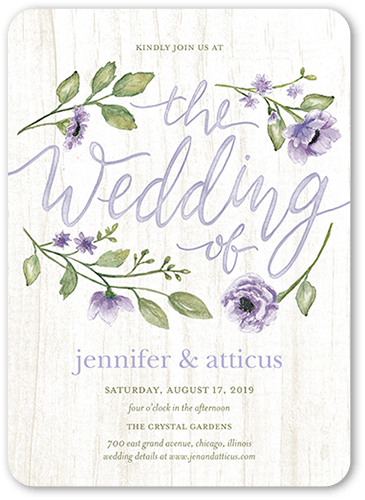 Delightful Blooms Wedding Invitation, Purple, 5x7 Flat, Pearl Shimmer Cardstock, Rounded