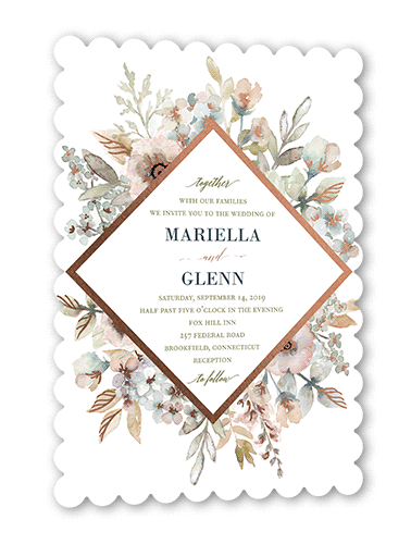 Diamond Blossoms Wedding Invitation, Rose Gold Foil, Green, 5x7 Flat, Matte, Signature Smooth Cardstock, Scallop