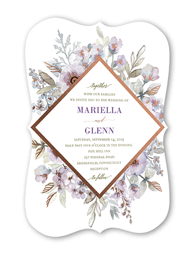 Diamond Blossoms Wedding Invitation, Purple, Rose Gold Foil, 5x7, Matte, Signature Smooth Cardstock, Bracket