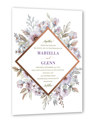 Diamond Blossoms Wedding Invitation, Purple, Rose Gold Foil, 5x7, Matte, Signature Smooth Cardstock, Square