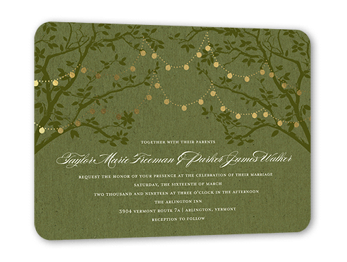 Enlightened Evening Wedding Invitation, Gold Foil, Green, 5x7 Flat, Signature Smooth Cardstock, Rounded
