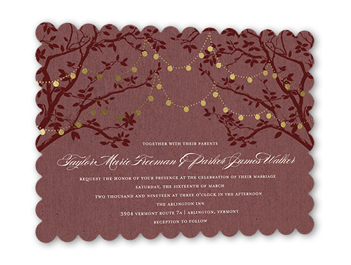 Enlightened Evening Wedding Invitation, Gold Foil, Red, 5x7 Flat, Pearl Shimmer Cardstock, Scallop