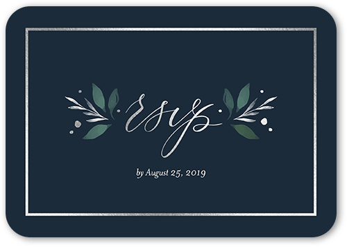 Brushed Botanicals Wedding Response Card, Grey, Silver Foil, Signature Smooth Cardstock, Rounded, Blue Slate