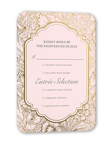 Ornate Petals Wedding Response Card, Gold Foil, Pink, Pearl Shimmer Cardstock, Rounded