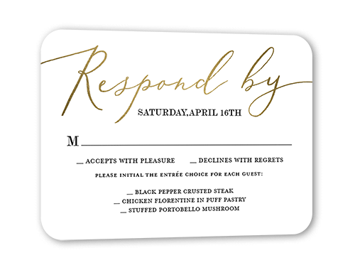 Sterling Script Wedding Response Card, White, Gold Foil, Signature Smooth Cardstock, Rounded, White