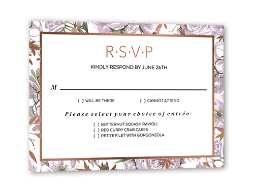 Crisp Petals Wedding Response Card, Purple, Rose Gold Foil, Matte, Signature Smooth Cardstock, Square