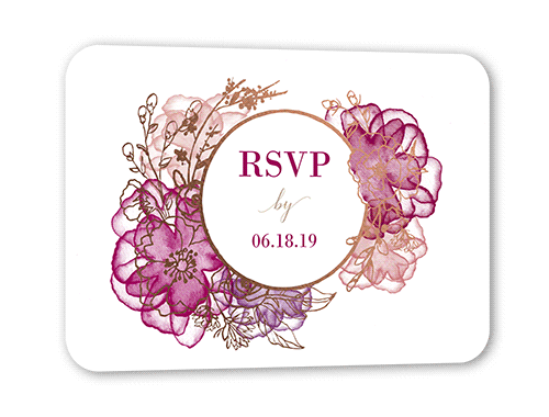 Floral Fringe Wedding Response Card, Pink, Rose Gold Foil, Pearl Shimmer Cardstock, Rounded