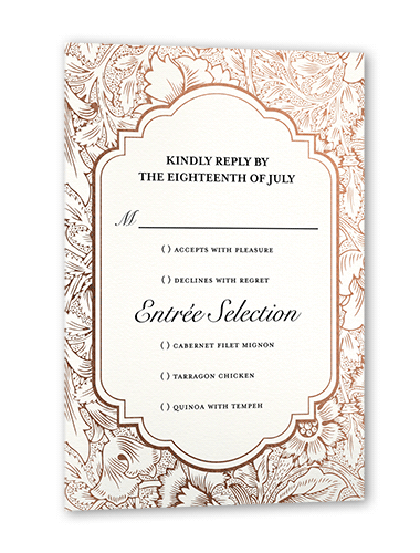 Ornate Petals Wedding Response Card, White, Rose Gold Foil, Matte, Signature Smooth Cardstock, Square