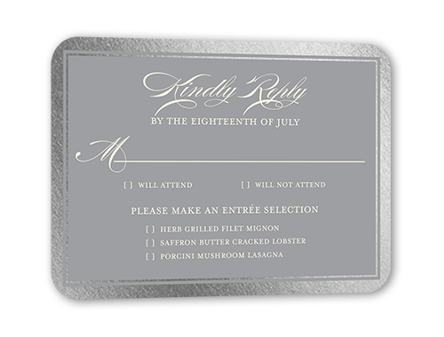 Remarkable Frame Classic Wedding Response Card, Silver Foil, Black, Pearl Shimmer Cardstock, Rounded
