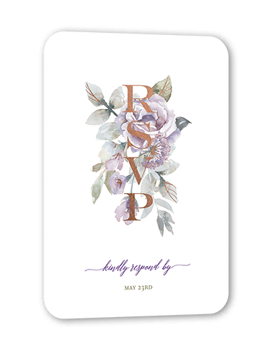 Diamond Blossoms Wedding Response Card, Rose Gold Foil, Purple, Pearl Shimmer Cardstock, Rounded